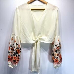 Cream Crepe Semi Sheer Cropped Tie Front Blouse Floral Long Bubble Sleeves